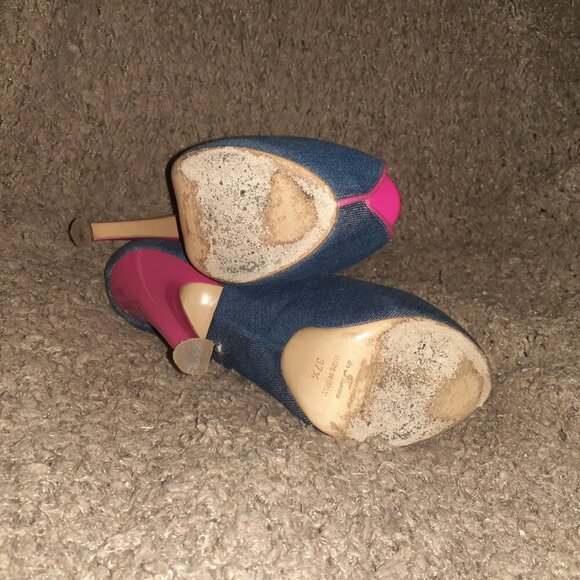 TACCETTI-Denim & Pink Patent-Peep Toe-Stiletto/Slim-Platform-Sz 37.5-Excellent - Picture 8 of 8
